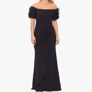 XSCAPE “Ashlyn” Long Scuba Crepe Off the Shoulder Wire Flower Gown Black Sz 10